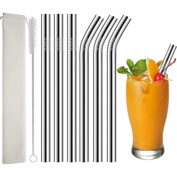6 PCS Stainless Steel Metal Smoothie Straws, 0.5" Extra Wide 10.5" Long Reusable Drinking Boba Bubble Tea Jumbo Straws for Milkshake Juice Beverage with Cleaning Brush, 3 Straight 3 Bent Metal Straws