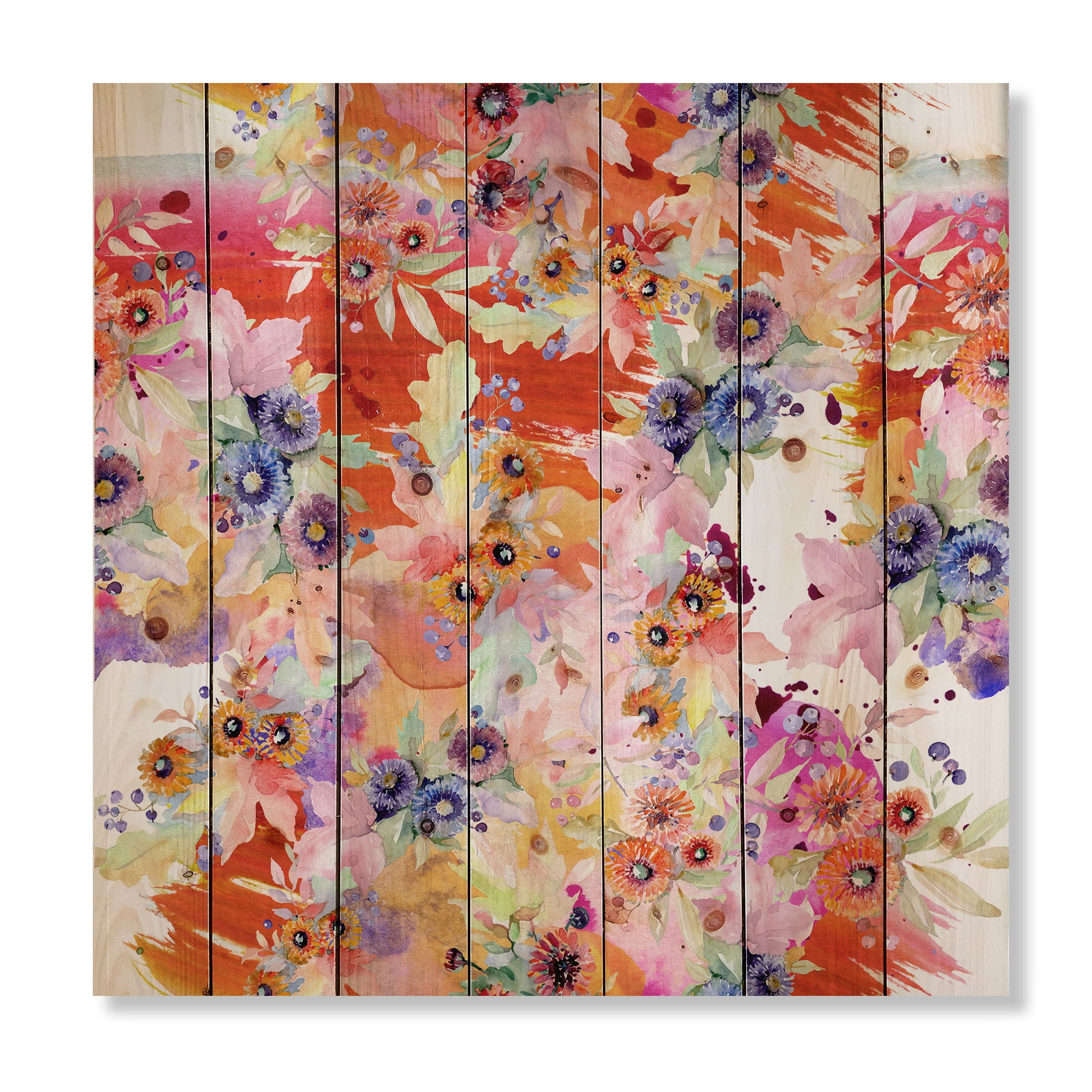 Designart 'Wildflowers and Vibrant Wild Spring Leaves VI' Modern Print on Natural Pine Wood