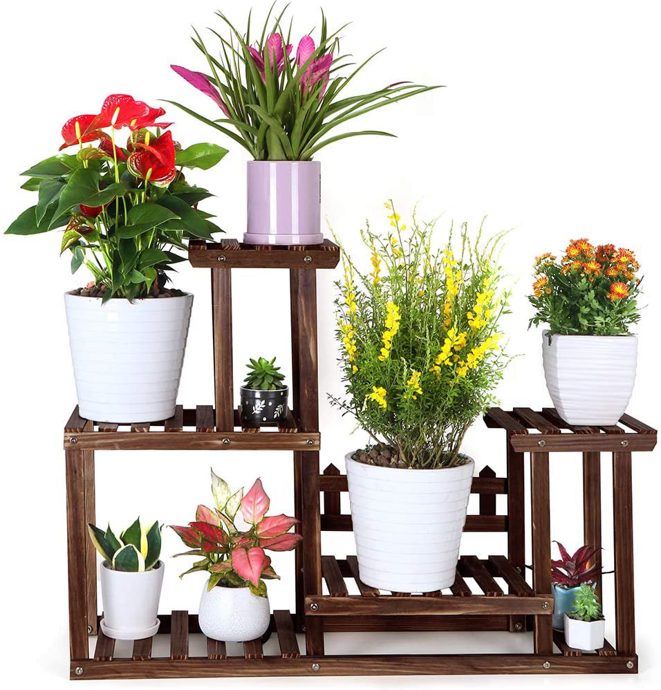 5 Tier Carbonized Plant Shelf Freestanding Flower Pot Holder Plant Display Rack for Indoor Outdoor Patio Garden Balcony Yard Living Room Wood Plant Stand