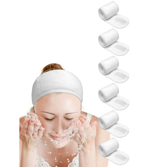 6-Pack White Spa Headbands, Thick Terry Cloth - Adjustable Non-Slip Headband for Face Wash, Skincare, Yoga, Gym & Salon Use, Fits All Head Sizes