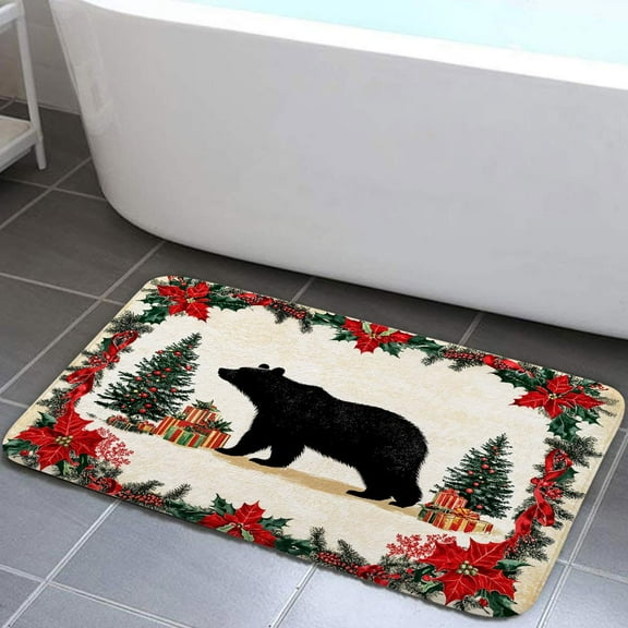 Christmas Bathroom Rugs, 17 x 29 Inch Vintage Christmas Floral Tree Bear Print Bath Mat, Non Slip Absorbent Washable Holiday Rugs Shower Mats Doormat for Xmas Bathroom Decor