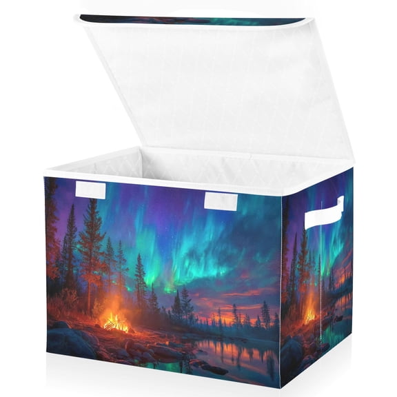Foldable Fabric Storage Bin With Handle Collapsible Basket Box Storage With Lid Organizer The Blue Northern Lights