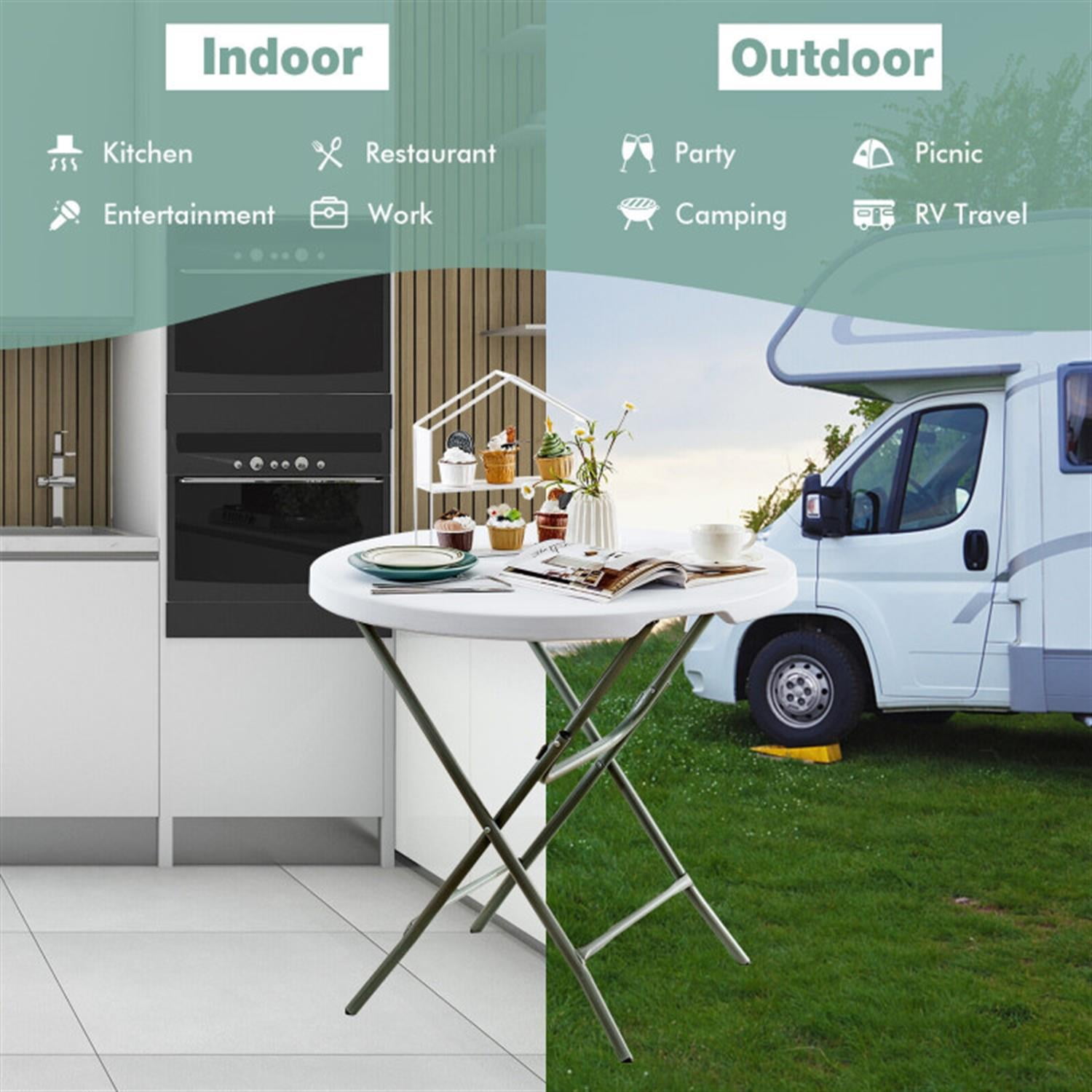 Demi Bonn 32" Round Foldable Lightweight Table with Double Lockable Doors fordoor Outdoor, Portable Fold-in-Half Plastic Dining Picnic Party Camping Table, White