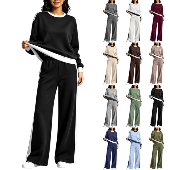 Women's 2-Piece Colorblock Sweatsuit Set Crewneck Long Sleeve Top and Wide Leg Pants Casual Lounge Outfit Fall Winter Daily Wear