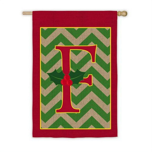 Chevron Stripe Burlap Holly Monogram F House Flag