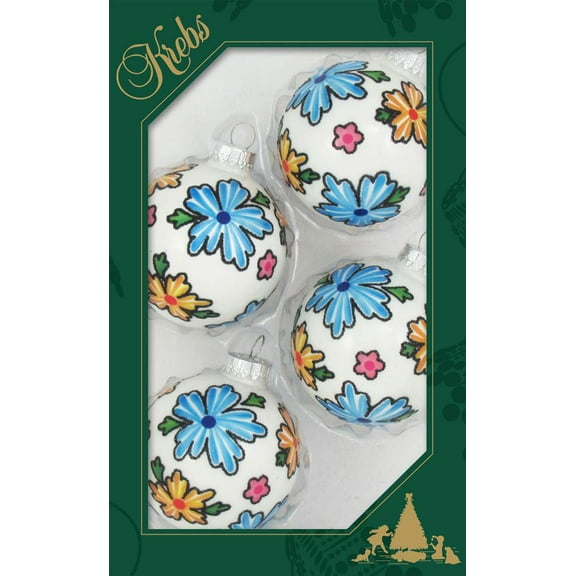 Glass Christmas Tree Ornaments - 67mm/2.63" [4 Pieces] Decorated Balls from Christmas by Krebs Seamless Hanging Holiday Decor (Porcelain White with Boho Flowers)