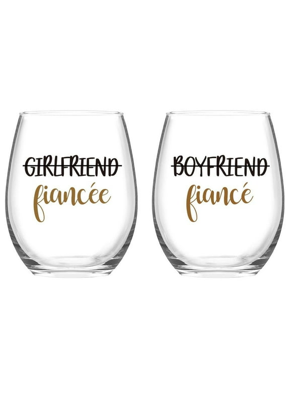 Maustic 2 Pack Funny Stemless Wine Glass, Boyfriend and Girlfriend Fiance and Fiancee Wine Glass 15Oz, Engagement Gifts Birthday Gifts for Couples