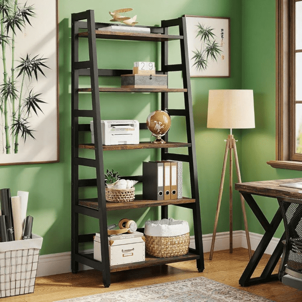 5-Tier Vintage Ladder Bookshelf, 50lbs/Shelf, Thick Particle Board & Metal Frame, Multi-Functional for Living Room, Office