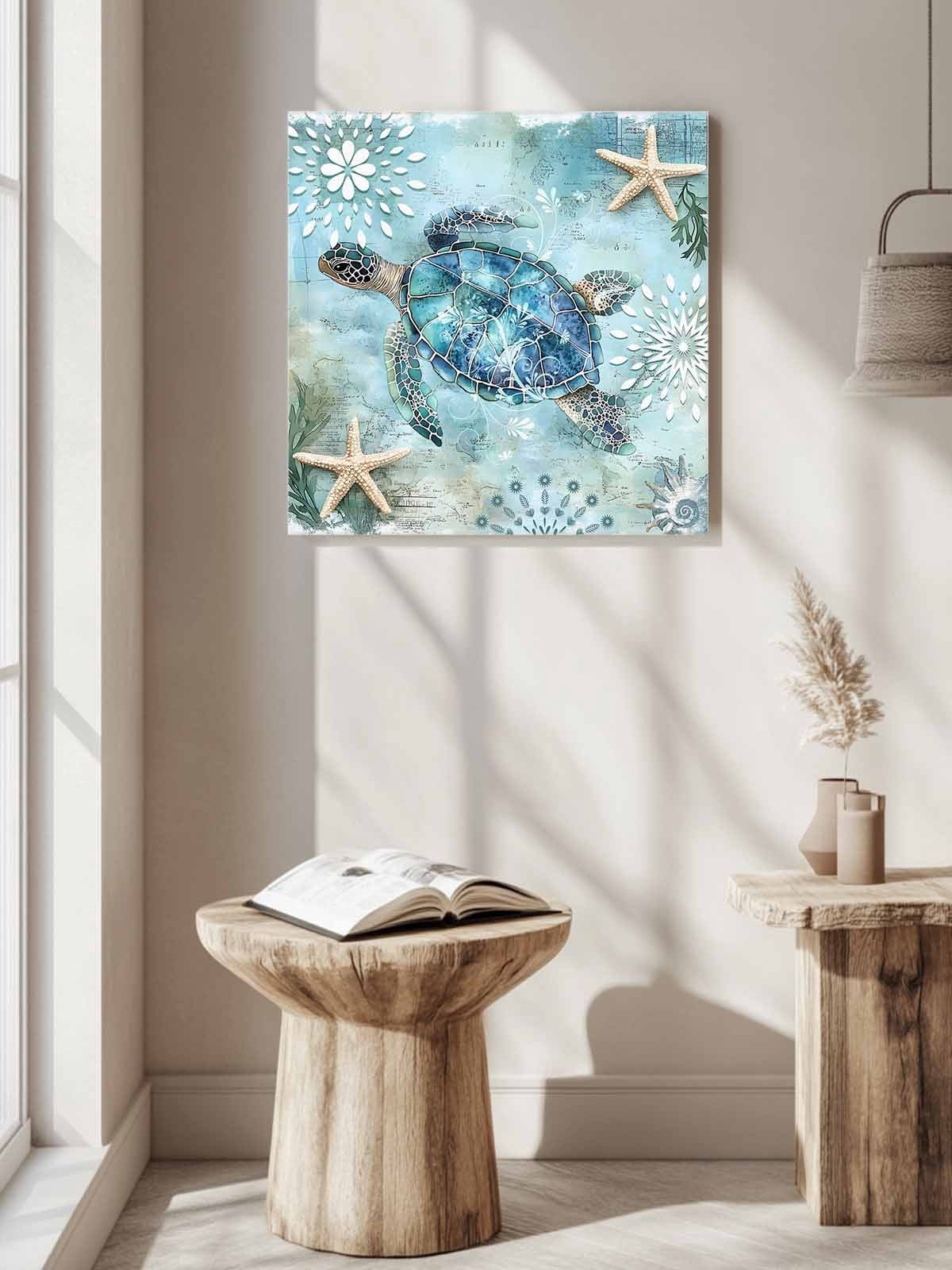 Ocean Sea Canvas Wall Art, Turtle Starfish Undersea Nautical Vintage Blue Framed Wall Decor Modern Artwork Prints Painting for Living Room, Bedroom, Kitchen & Cafe Decor 16x16 Inch
