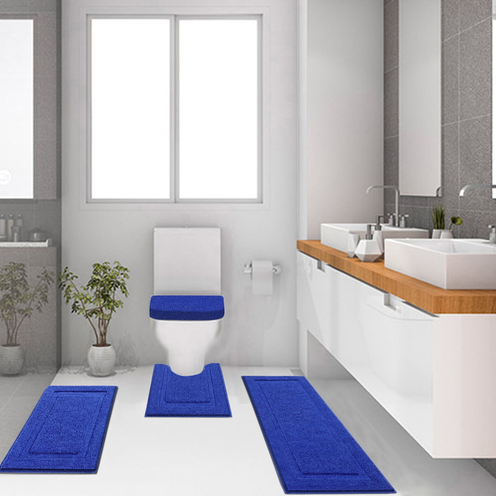 Ileading Bathroom Rugs Set of 4 Soft Bath Mats with Toilet Lid Cover Washable Microfiber Bathroom Mats, Royal Blue