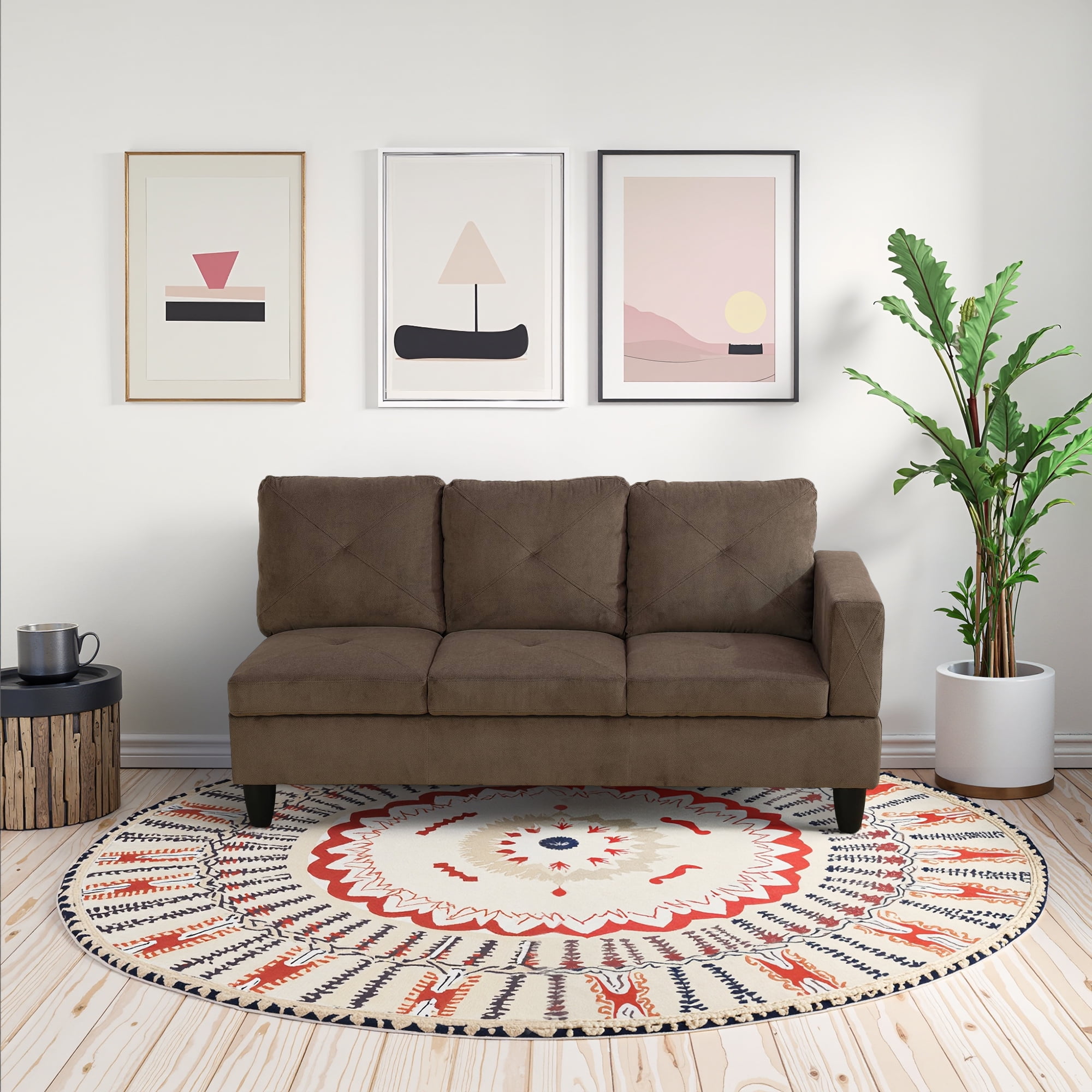MAYEERTY Brown Sackcloth Fabric 3-Piece Living Room Sofa Set