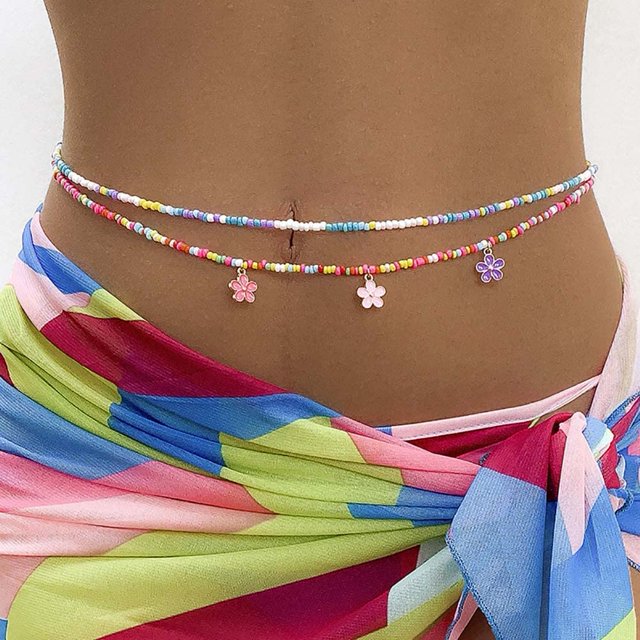1 cadena con colgante de flor para cintura, cuentas de arroz coloridas, cadena para el cuerpo, accesorios elegantes para playa y verano, joyería para mujeres y niñas