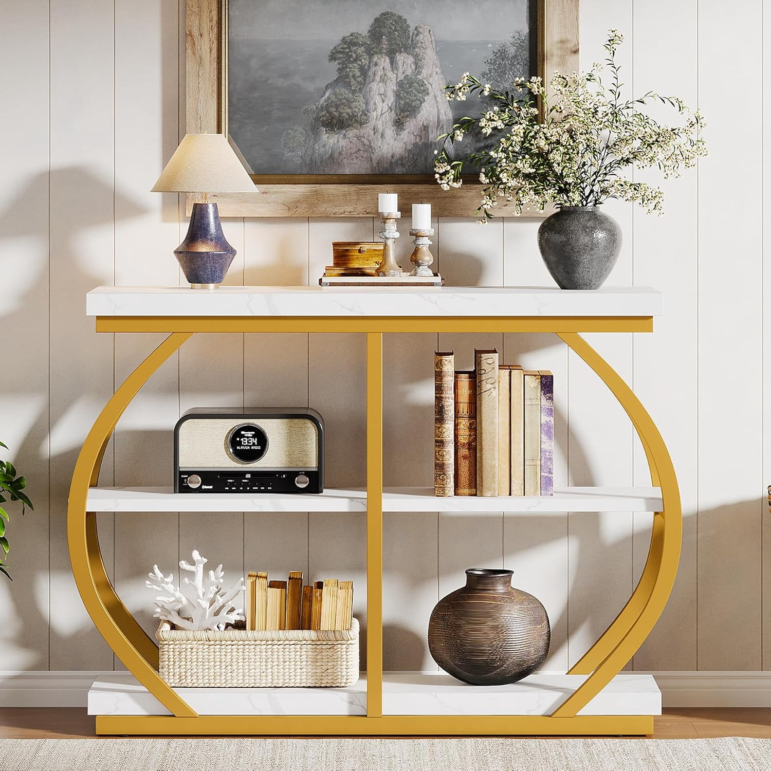 Tribesigns 41.3" Industrial Console Table: 3-Tier, Arched Metal Frame, Entryway Table with Storage Shelves, White & Gold