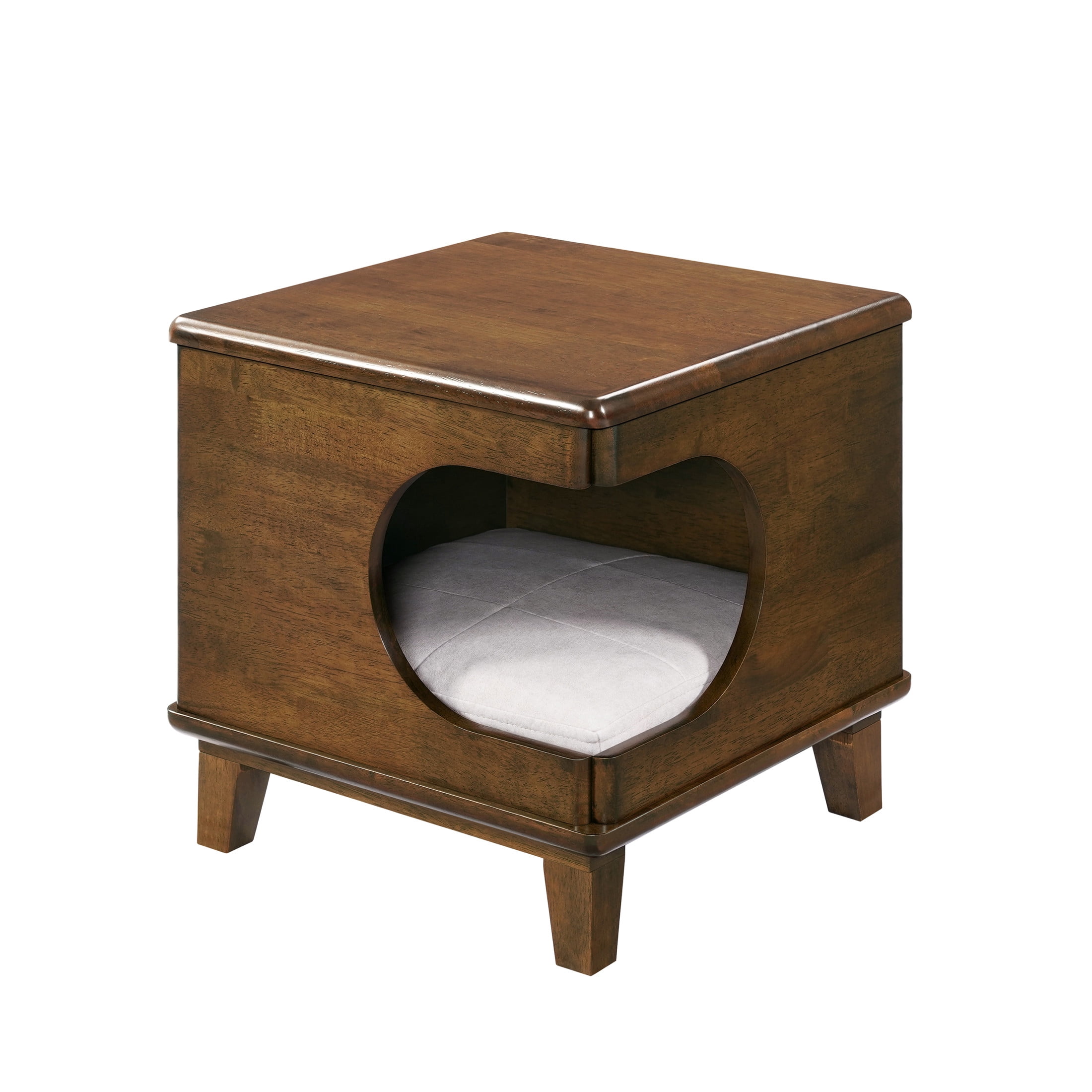 Christopher Knight Home Modern Cat House Side Table, Wooden Pet Nightstand with Bed Cushion, Walnut