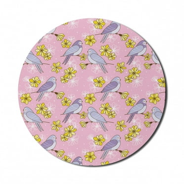Spring Mouse Pad for Computers, Swallow Birds Sitting on Flowering Tree Branches Pastel Toned Pattern, Round Non-Slip Thick Rubber Modern Mousepad, 8" Round, Pale Pink Mustard Lilac, by Ambesonne