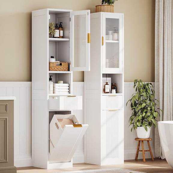 Laisnet 67" Tall Bathroom Storage Tower, Freestanding Narrow Cabinet with Glass Door for Small Spaces, White