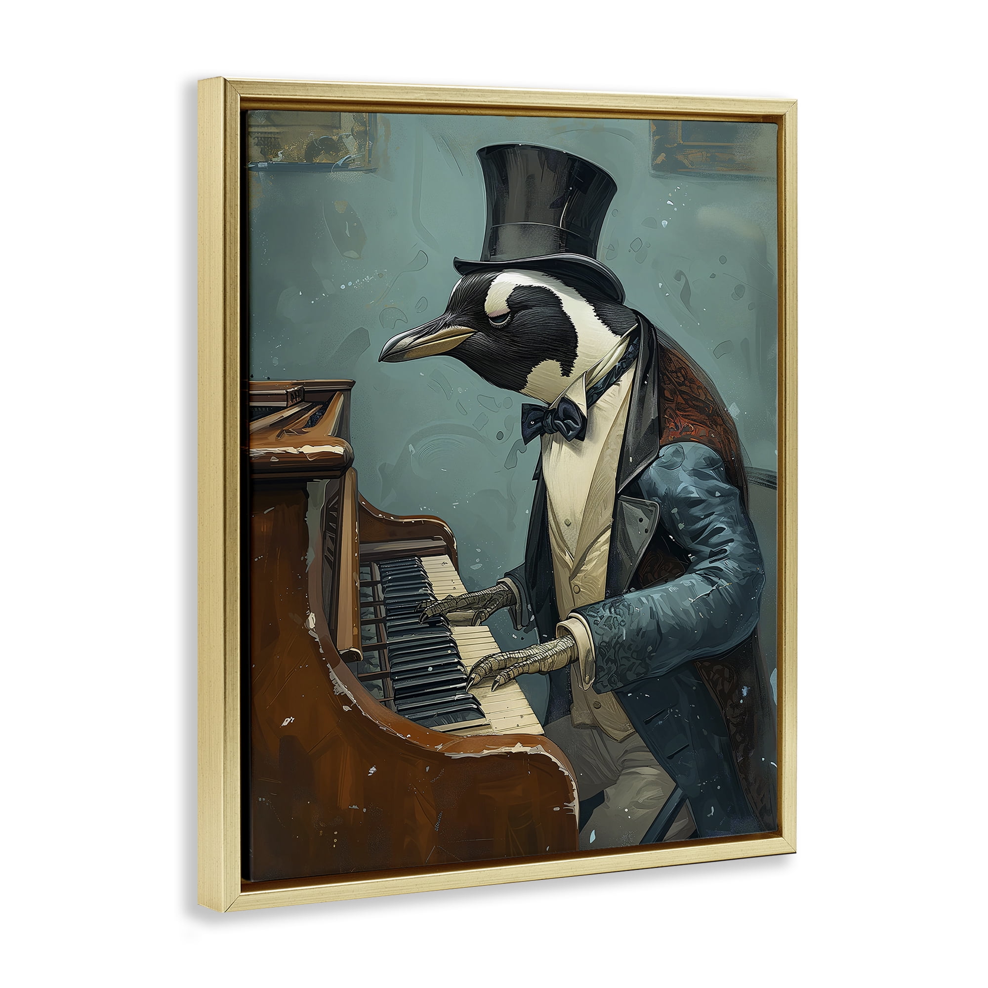 Stupell Industries Piano Playing Penguin Animals & Insects Painting Gold Floater Framed Canvas Art Print Wall Art, 25 x 31