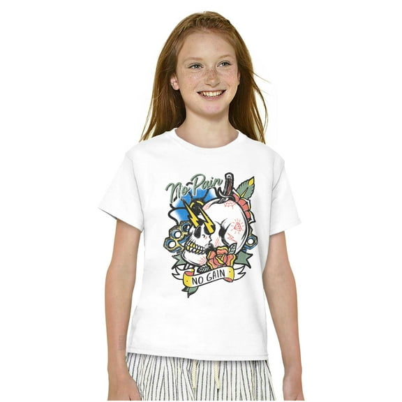 No Pain No Gain Skull Dagger Tattoo Crewneck T Shirts Boy Girl Teen Brisco Brands L