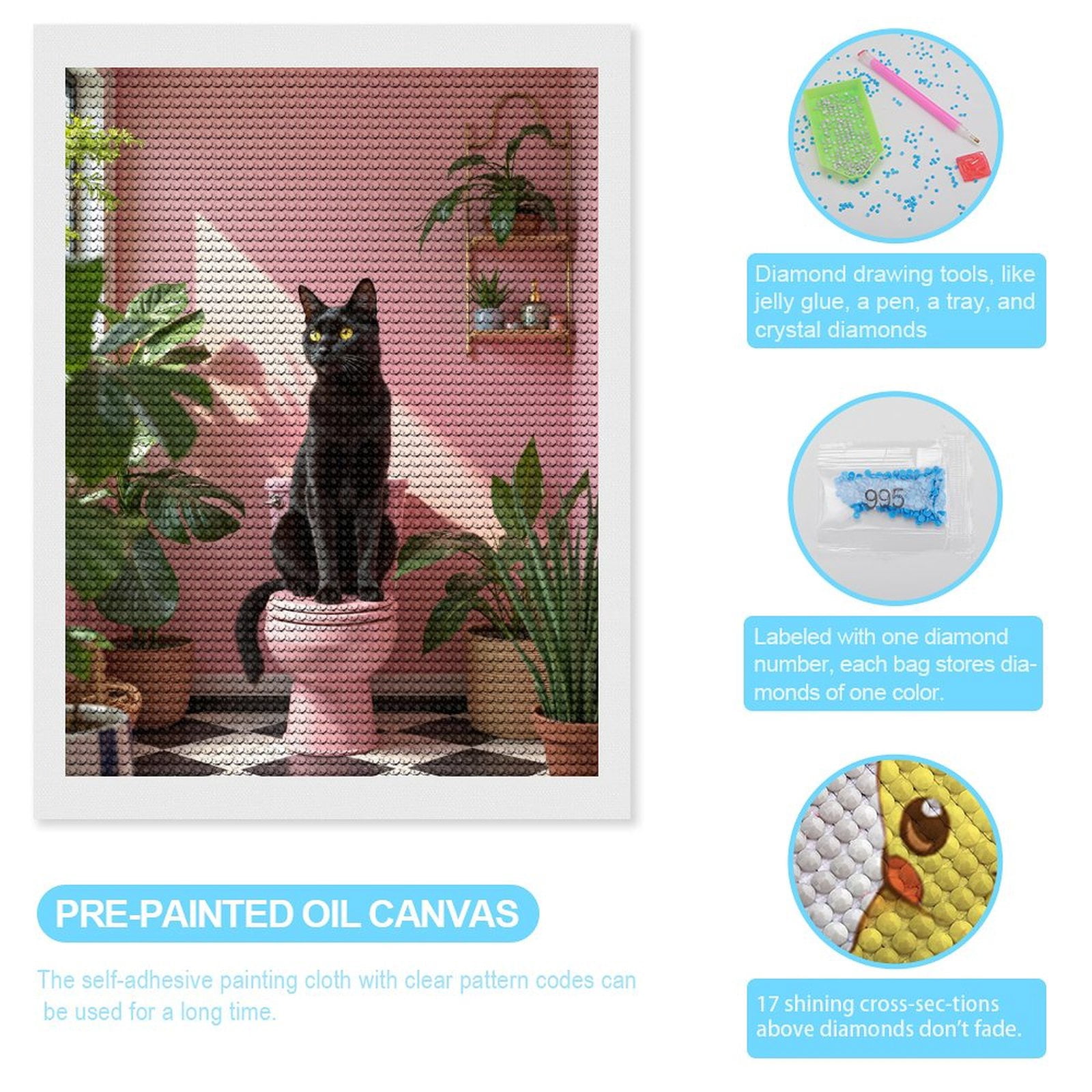 Diamond Art Kits for Adults, Black Cat Pink Bathroom Plants 5D Diamond Painting Kits for Adults Beginners, DIY Full Drill Diamond Painting, Gem Art and Crafts 12x16
