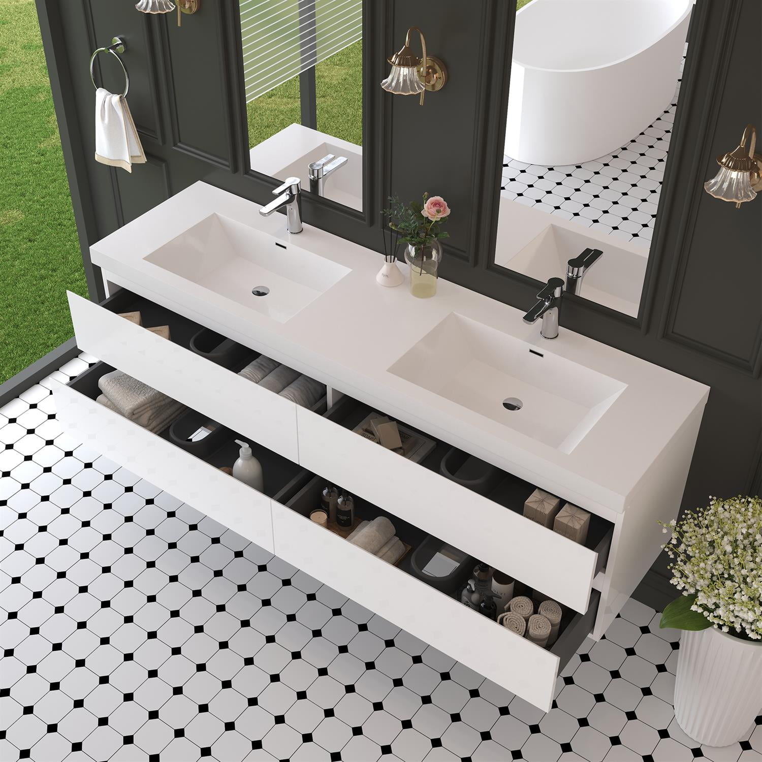 Demi Bonn 72" Floating Bathroom Vanity with Sink, Double Resin Top Basin and 4 Soft Close Drawers, Faucets and Drains Not Included, White