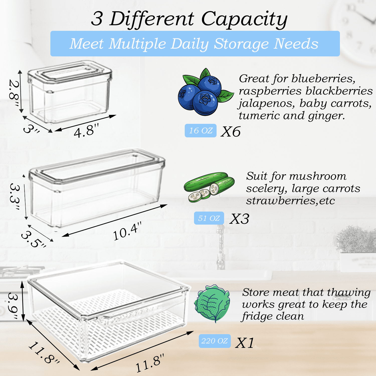 Pure Future 10 Pcs Fridge Organizers and Storage, Clear, Stackable with Lids for Fruit & Vegetables