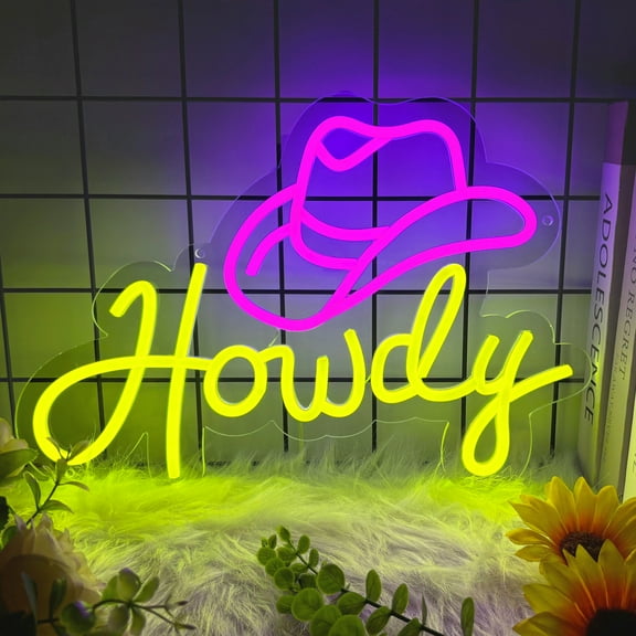 Howdy Neon Sign Cowboy Hat Neon Lights Pink Led Neon Signs Preppy Girls For Wall Decor Dimmable Light Up Sign For Bar Beer Bedroom Living Room Beauty Girls Club Decoration Gifts