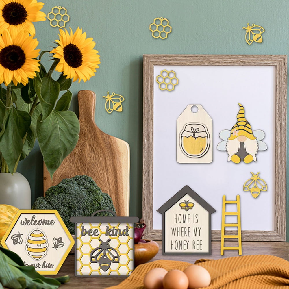  Bee Decorations, Spring Farmhouse Honey bee Tiered Tray  Decor,Bumble Bee Gnome Plush,3X Bee Sign, Mini Bee Hive, Wood Bead  Garland,Rustic Farmhouse Kitchen Table : Home & Kitchen