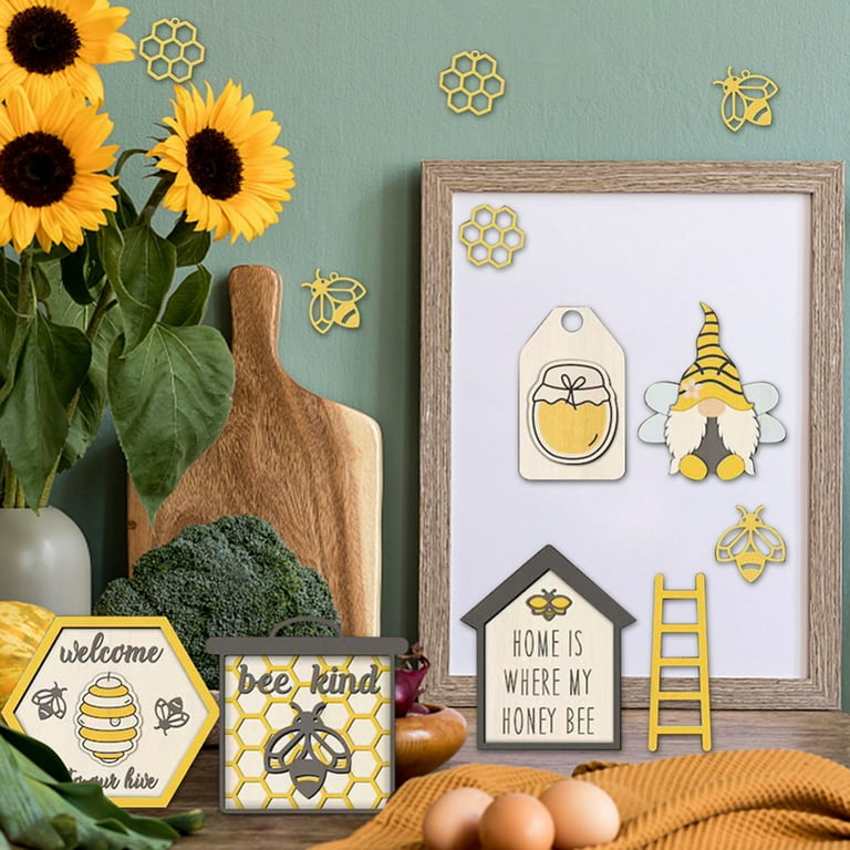 Set of 12 Bee Wooden Sign Tiered Tray Decor , Bumble Bee Wood Block Spring  Summer Farmhouse Bee Home Kitchen Decor Self-Standing Display for Tray,  Mantel, Bar, Shelf 