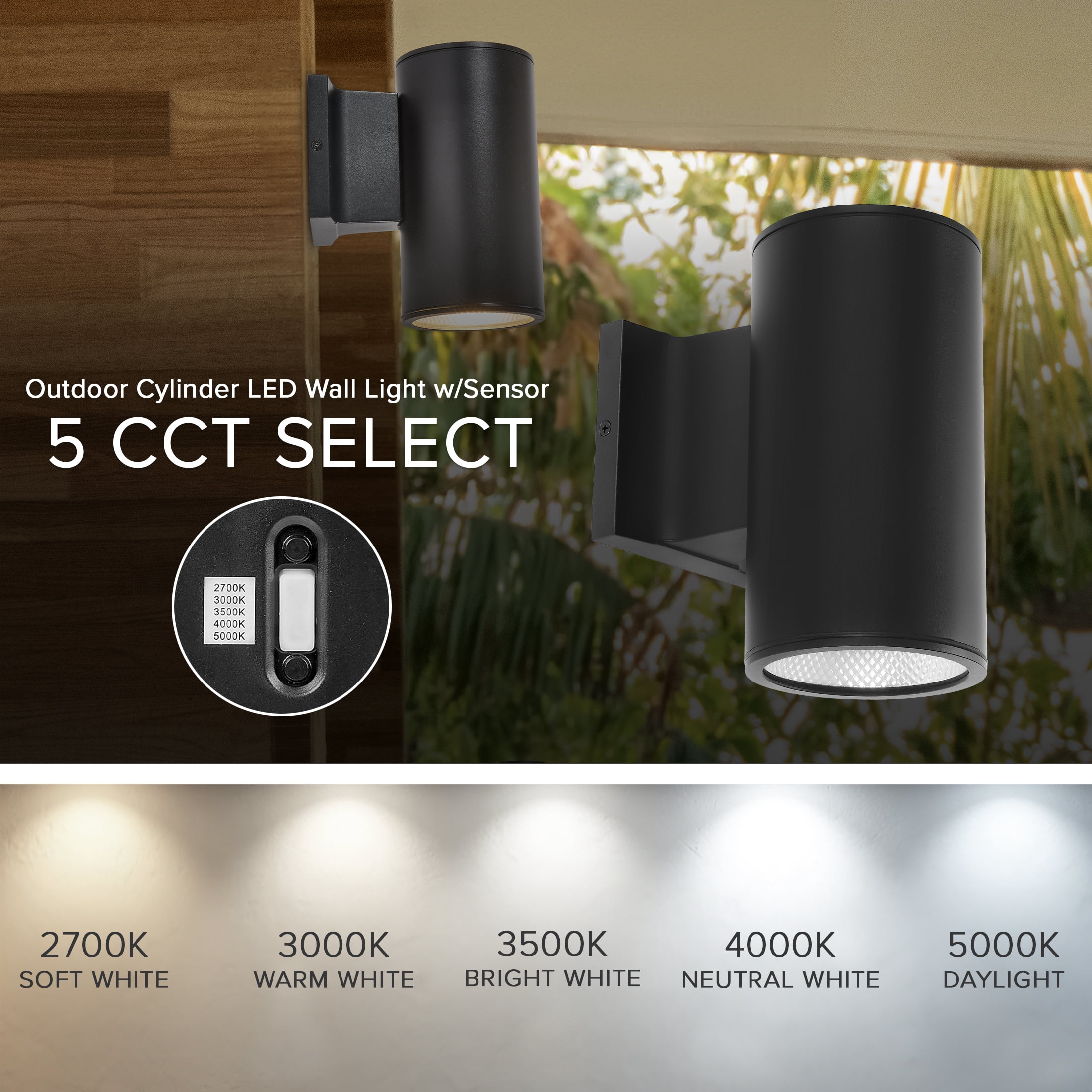 Maxxima Cylinder LED Outdoor Wall Light, Modern Wall Wash, 12 Watt, 1050 Lumens, 5 CCT 2700K/3000K/3500K/4000K/5000K, Dusk to Dawn Photocell Sensor, Exterior Garage, Patio, or Porch Lighting, Black