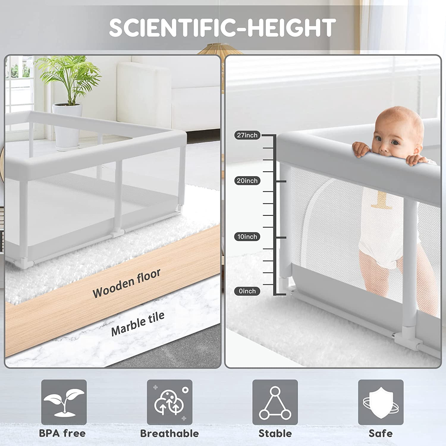 Ajulkrio Baby Playpen for Babies and Toddlers, Play Fence Gate Play Pen for Unisex Kid Grey 50x50x27 inch