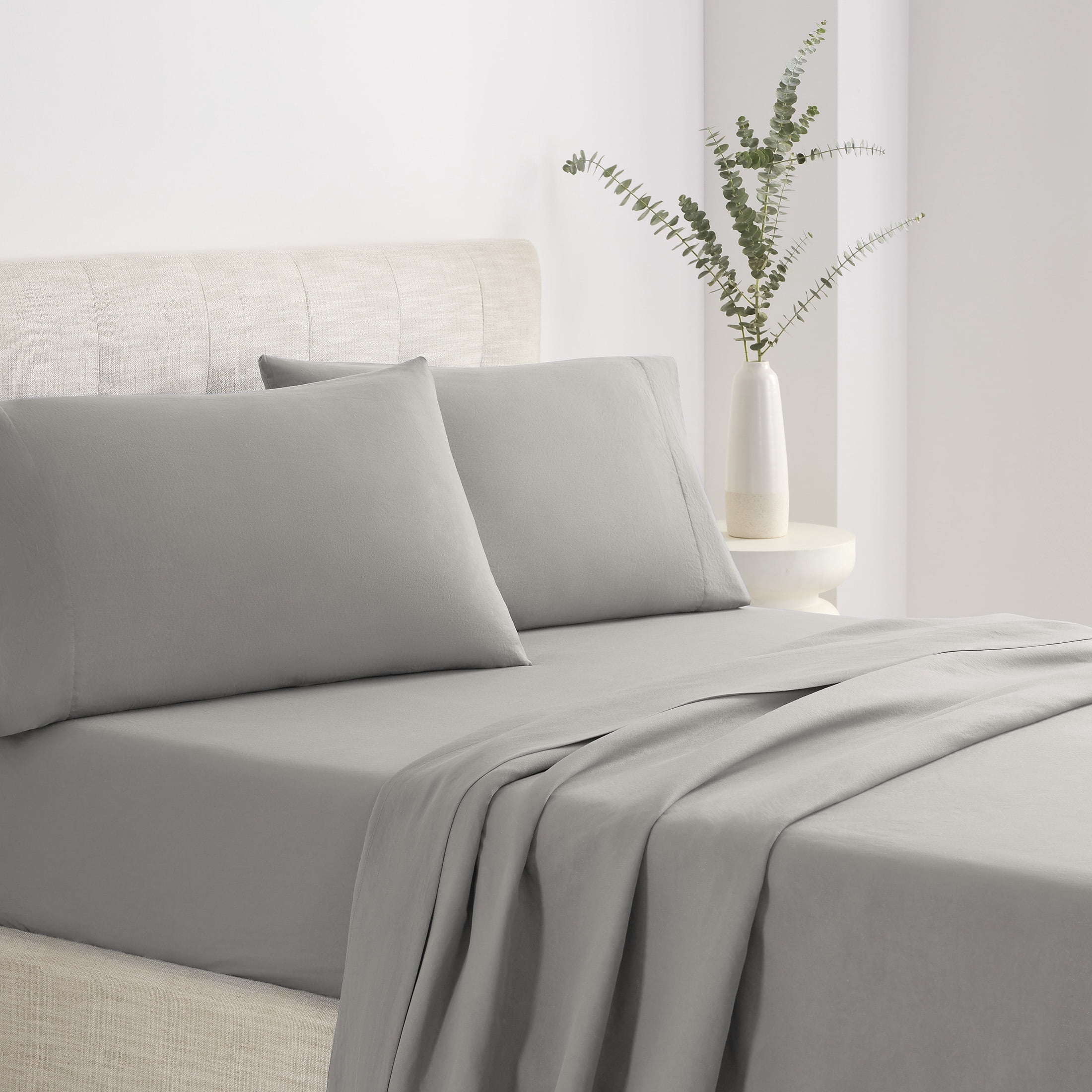 Casual Living Enzyme Comfort Washed 4-Piece Light Gray Sheet Set, Brushed for softness, Easy Care, Queen - Deep Pocket