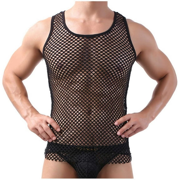 Men Fishnet Tank Top Sheer Transparent Mesh Undershirt Fitted Muscle Gym Shirt Vest