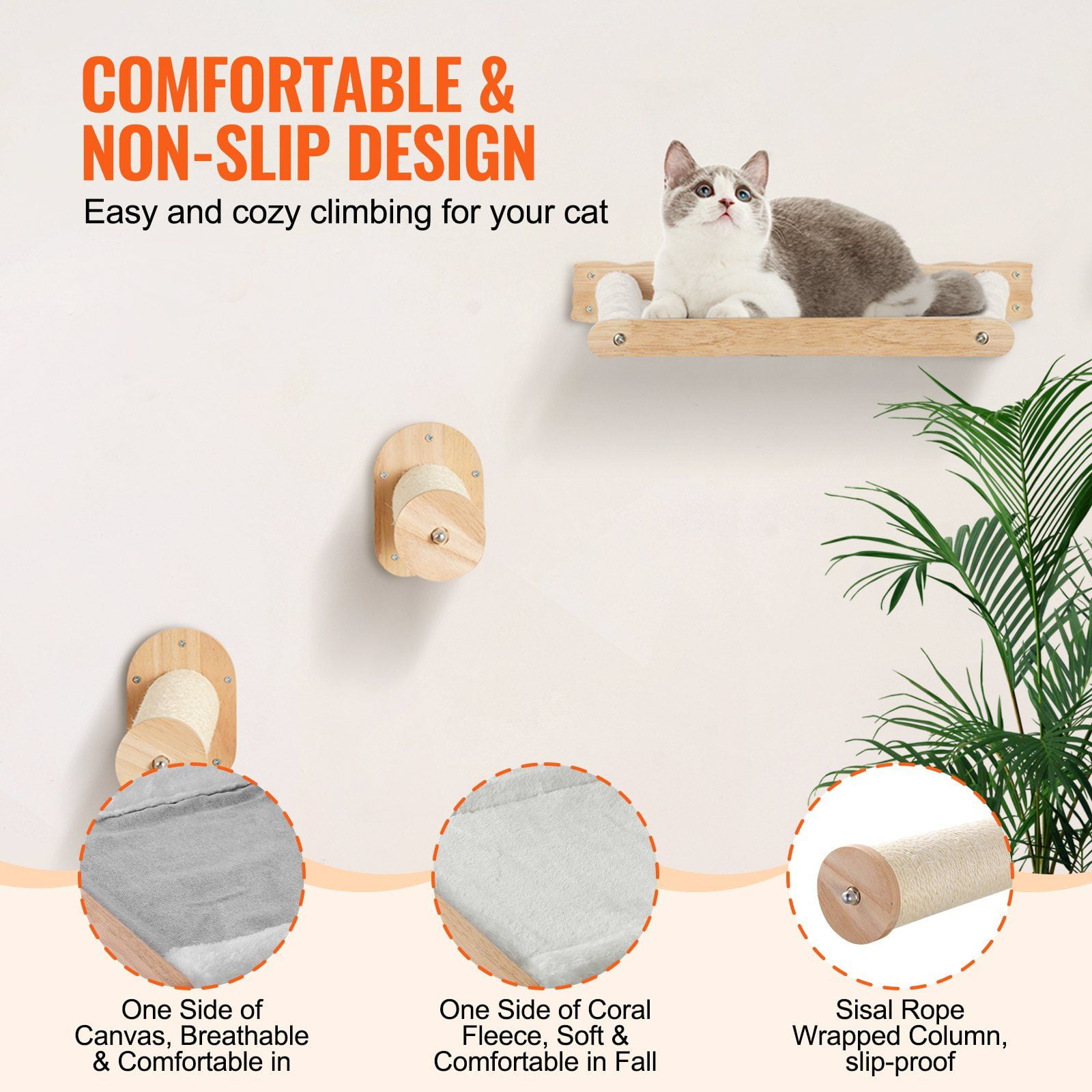 Wall-Mounted Cat Shelves Set - 2 Jumping Posts & 2 Hammocks, Supports 40 lbs, Space-Saving Perch for Cats