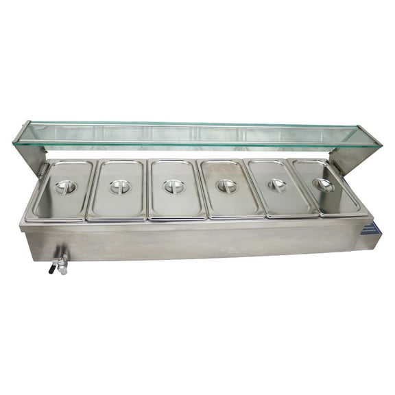PreAsion 6-Pan Food Warmer Stove Bain-marie Commercial Canteen Buffet Steam Heater Table with Glass Guard