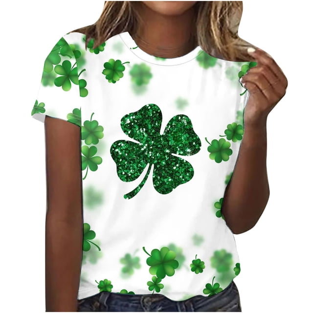 Bowake T-Shirts de la Saint-Patrick pour Femmes Col Rond Manches Courtes T-Shirt d'Été à Quatre Feuilles Graphique Shamrock