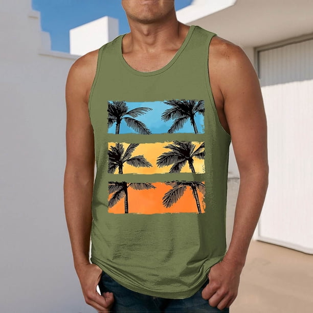 Camiseta sin mangas de cuello redondo para hombre, estampada, informal, deportiva, elástica, de moda, de poliéster.