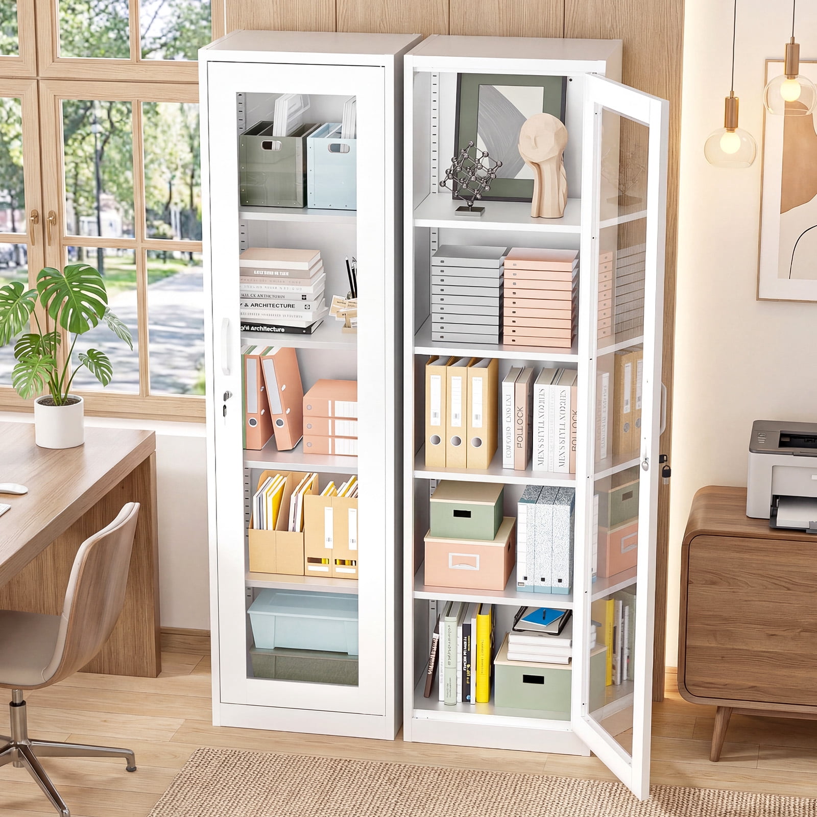 Ktaxon 65" Glass Door Steel Display Cabinet with Lock, Adjustable Shelves, Tall Narrow Storage Cupboard, LED-Ready, Black