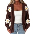 thumbnail image 2 of Womens Open Front Knit Cardigan 3D Daisy Floral Applique Long Sleeve Loose Fit Solid Color Casual Knitted Sweater Coat Brown 2XL, 2 of 5