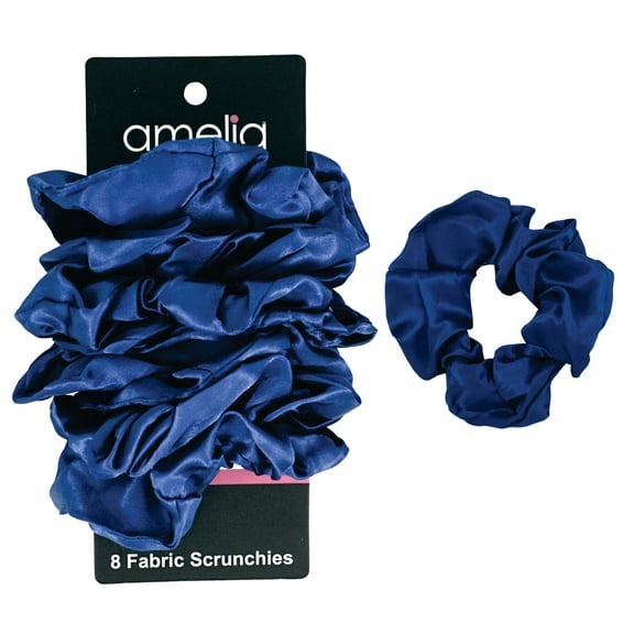 Amelia Beauty Products, Blue Scrunchies, 3.5in Diameter, Gentle on Hair, Strong Hold, No Snag, No Dents or Creases. 8 Pack
