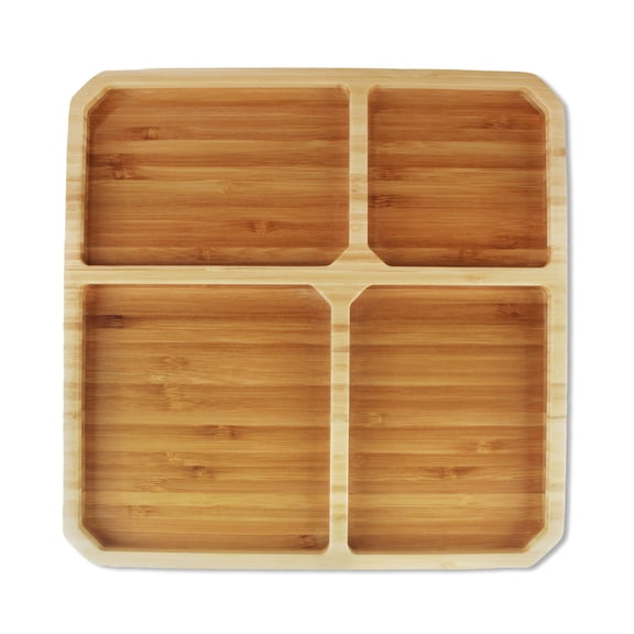 BambooMN Portion Control Plates - 9" x 9" Bamboo Ecoware Reusable Dinnerware Divided Square Plates for Adults and Kids, 1 Pc