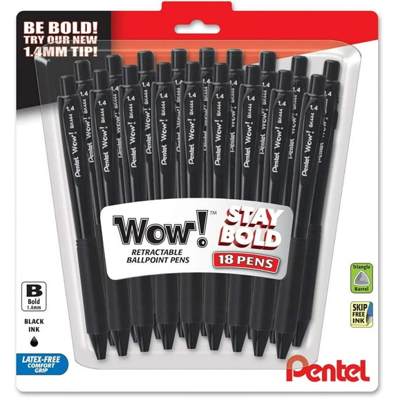 Pentel Wow! Retractable Ballpoint Pen, (1.4mm) Bold Line, Black Ink, 18-pk
