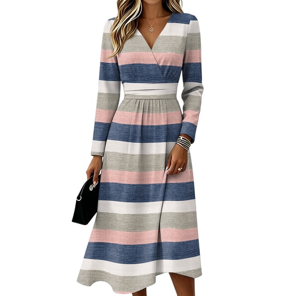 Womens Fall Casual Maxi Dresses V Neck Long Sleeve a Line Dresses Maxi Dress for Wedding Guest, Graduation, Party