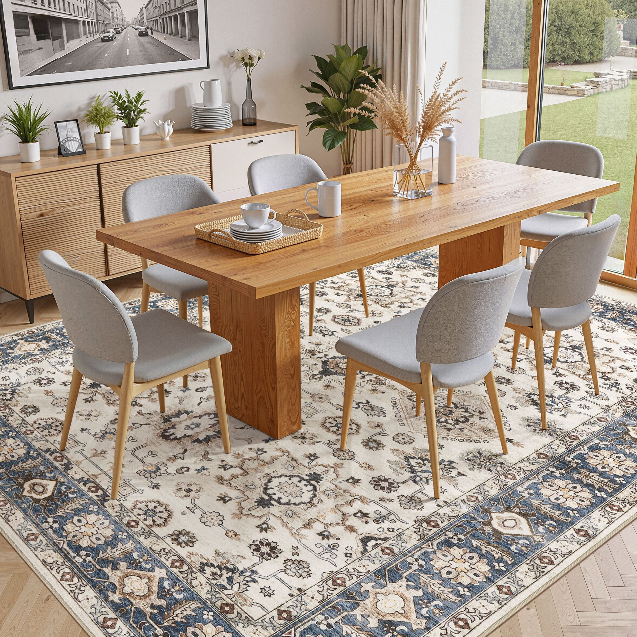 Uermei 10'x14' Large Area Rugs for Living Room: Non-Slip Indoor Carpet, Large Washable Vintage Foldable Rug for Bedroom Dining Room Office - Beige Blue