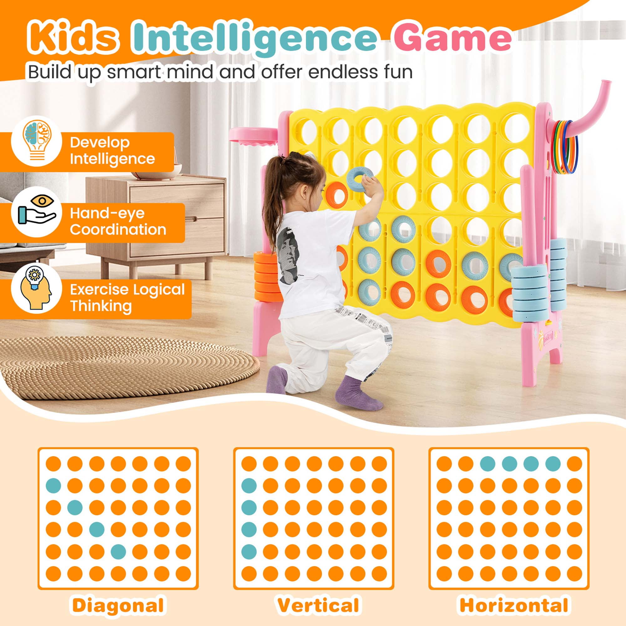 Costway Jumbo 4-to-Score 4 in A Row Giant Game Set with Stickers for Kids Adults Yellow & Pink