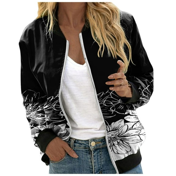 Jackets Women Gradient Floral Print Bomber Zipper Stand Collar Casual Baseball Loose Windbreaker Outwear Coats