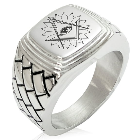 Stainless Steel Freemasons Masonic Lotus All Seeing Eye Geometric Pattern Step-Down Biker Style Polished Ring