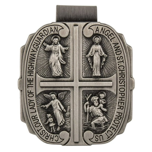 Catholic Automobile Visor Clip, 4 Way Pewter - Miraculous, Sacred Heart, St Chris