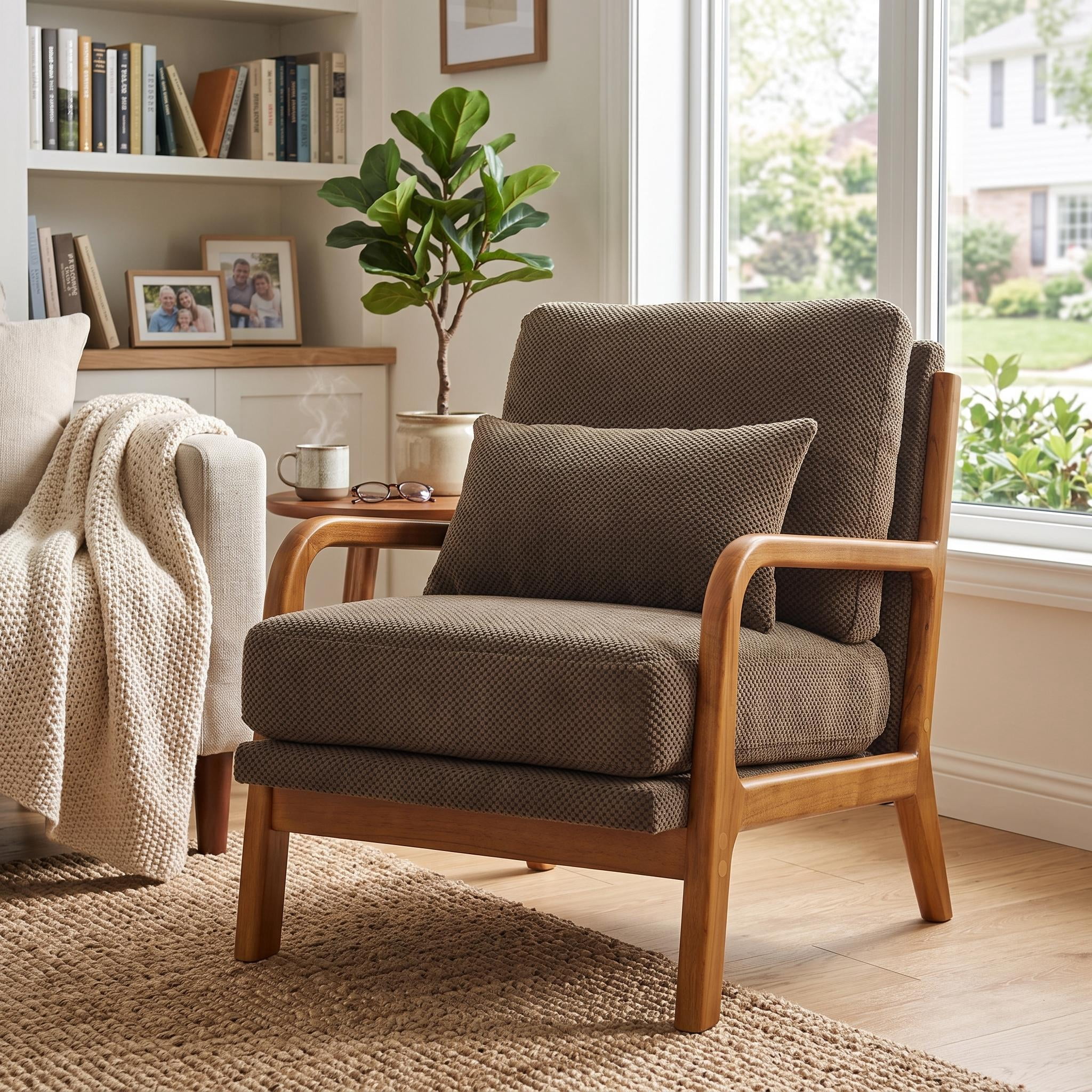 Homy Casa Mid-Century Modern Accent Chair, Nubby Upholstered Armchair with Solid Wood Frame, Brown