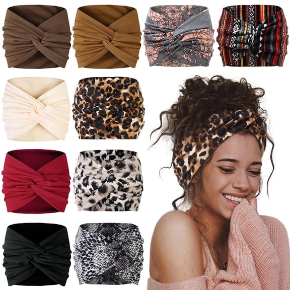10pcs 7-Inch Wide Women'S Sports Headband, Bohemian-Style Cashew Flower Leopard Print Stretch Cotton Yoga Wide-Edge Headscarf Accessory, Fashionable, Anti-Slip And Sweat-Abs