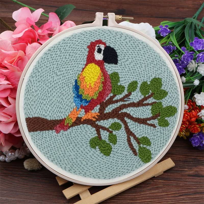2 Pack Easy Smaller Size DIY Craft Punch Needle Embroidery Kits Rug for Starter Kits with Stamped Color Pattern with Instruction,Yarn and Wood Needle Pen,15cm Hoop (Parrot Bird)